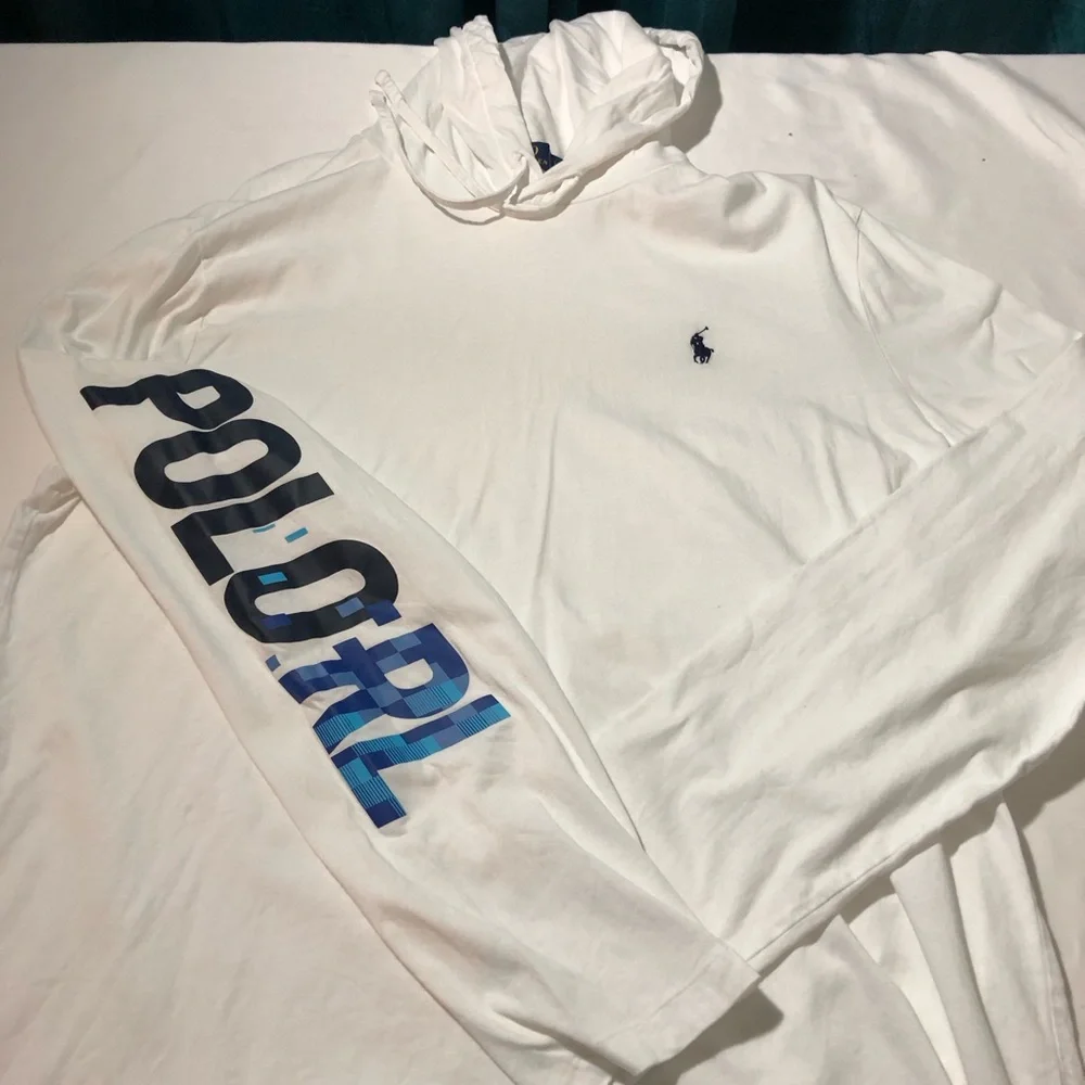 Polo Ralph Lauren men’s lightweight cotton hoodie white blue sleeve lettering L